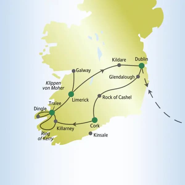 Die Karte zeigt den Verlauf unsrer Reise für Singles und Alleinreisende nach Irland: Dublin, Glendalough, Rock of Cashel, Cork, Killarney, Tralee, Dingle, Limerick, Klippen von Moher, Galway, Kildare.