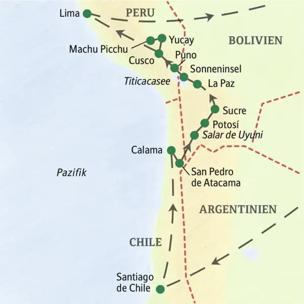 Unsere Reiseroute durch drei südamerikanische Länder startet in Santiago de Chile und führt über San Pedro, den Salzsee Salar de Uyuni, Potosí, Sucre, La Paz, den Titicacasee, Puno, Cuzco und das Heilige Tal bis in die peruanische Hautpstadt Lima.